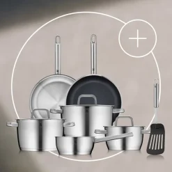 Premium-Koch-Set: WMF Iconic Topf-Set, 4-teilig, Ultimate Stielpfannen, 2 Stück, und Pfannenwender